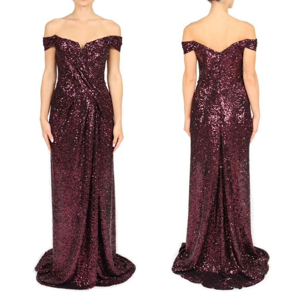 Rene Ruiz‎ Gown Burgundy Off the Shoulder Sequin Cocktail Formal Maxi Dress Sz 4